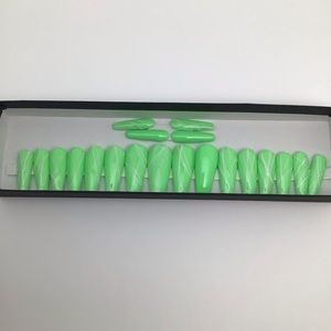 Gel Press On Long Green and White Stripe Nails